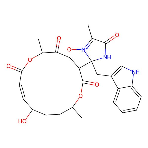 2D Structure of 11-hydroxy-3-[2-(1H-indol-3-ylmethyl)-4-methyl-3-oxido-5-oxo-1H-imidazol-3-ium-2-yl]-6,14-dimethyl-1,7-dioxacyclotetradec-9-ene-2,5,8-trione