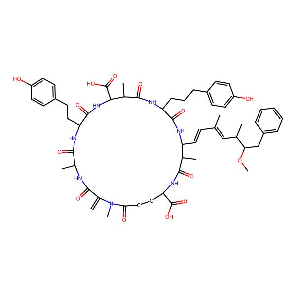 2D Structure of 8-[2-(4-Hydroxyphenyl)ethyl]-15-[3-(4-hydroxyphenyl)propyl]-18-(6-methoxy-3,5-dimethyl-7-phenylhepta-1,3-dienyl)-1,5,12,19-tetramethyl-2-methylidene-3,6,9,13,16,20,25-heptaoxo-1,4,7,10,14,17,21-heptazacyclopentacosane-11,22-dicarboxylic acid