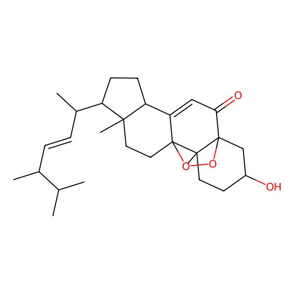2D Structure of 8-(5,6-Dimethylhept-3-en-2-yl)-16-hydroxy-9,13-dimethyl-18,19-dioxapentacyclo[10.5.2.01,13.04,12.05,9]nonadec-3-en-2-one