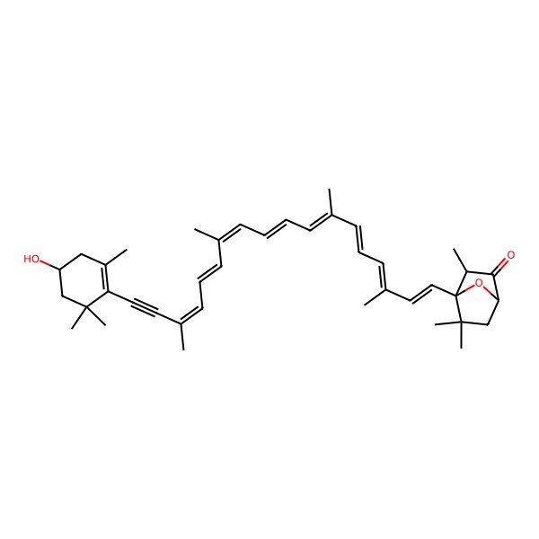 2D Structure of (1S,3R,4S)-4-[(1E,3E,5E,7E,9E,11E,13E,15E)-18-[(4R)-4-hydroxy-2,6,6-trimethylcyclohexen-1-yl]-3,7,12,16-tetramethyloctadeca-1,3,5,7,9,11,13,15-octaen-17-ynyl]-3,5,5-trimethyl-7-oxabicyclo[2.2.1]heptan-2-one