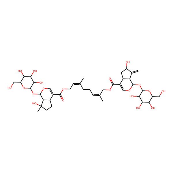 2D Structure of [8-[7-hydroxy-7-methyl-1-[3,4,5-trihydroxy-6-(hydroxymethyl)oxan-2-yl]oxy-4a,5,6,7a-tetrahydro-1H-cyclopenta[c]pyran-4-carbonyl]oxy-2,6-dimethylocta-2,6-dienyl] 6-hydroxy-7-methylidene-1-[3,4,5-trihydroxy-6-(hydroxymethyl)oxan-2-yl]oxy-4a,5,6,7a-tetrahydro-1H-cyclopenta[c]pyran-4-carboxylate