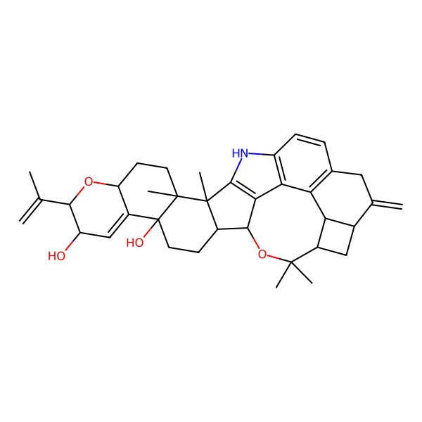 2D Structure of 14,15,32,32-Tetramethyl-23-methylidene-9-prop-1-en-2-yl-10,31-dioxa-17-azanonacyclo[24.4.2.02,15.05,14.06,11.016,30.018,29.021,28.024,27]dotriaconta-6,16(30),18(29),19,21(28)-pentaene-5,8-diol
