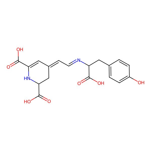 2D Structure of (2S)-4-[(E)-2-[[(1S)-1-carboxy-2-(4-hydroxyphenyl)ethyl]amino]vinyl]-2,3-dihydropyridine-2,6-dicarboxylic acid