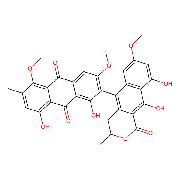 2D Structure of 2-(9,10-Dihydroxy-7-methoxy-3-methyl-1-oxo-3,4-dihydrobenzo[g]isochromen-5-yl)-1,8-dihydroxy-3,5-dimethoxy-6-methylanthracene-9,10-dione