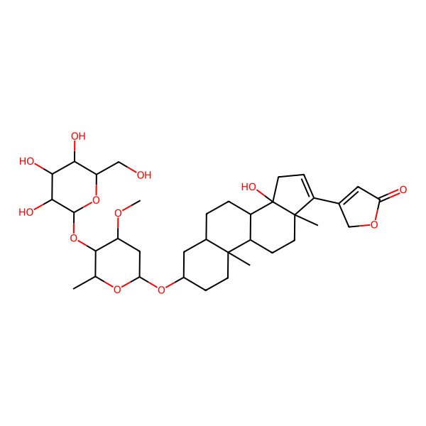 2D Structure of 3-[(3S,5R,8R,9S,10S,13R,14S)-14-hydroxy-3-[(2R,4S,5S,6R)-4-methoxy-6-methyl-5-[(2S,3R,4S,5S,6R)-3,4,5-trihydroxy-6-(hydroxymethyl)oxan-2-yl]oxyoxan-2-yl]oxy-10,13-dimethyl-1,2,3,4,5,6,7,8,9,11,12,15-dodecahydrocyclopenta[a]phenanthren-17-yl]-2H-furan-5-one