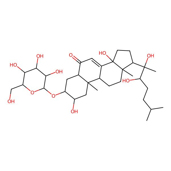 2D Structure of (2S,3R,5S,9R,10R,13R,14S,17S)-17-[(2R,3R)-2,3-dihydroxy-6-methylheptan-2-yl]-2,14-dihydroxy-10,13-dimethyl-3-[(2R,3R,4S,5S,6R)-3,4,5-trihydroxy-6-(hydroxymethyl)oxan-2-yl]oxy-2,3,4,5,9,11,12,15,16,17-decahydro-1H-cyclopenta[a]phenanthren-6-one