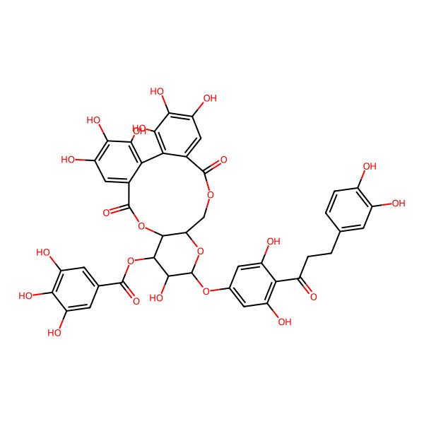 2D Structure of [(10R,11R,12R,13S,15R)-13-[4-[3-(3,4-dihydroxyphenyl)propanoyl]-3,5-dihydroxyphenoxy]-3,4,5,12,21,22,23-heptahydroxy-8,18-dioxo-9,14,17-trioxatetracyclo[17.4.0.02,7.010,15]tricosa-1(23),2,4,6,19,21-hexaen-11-yl] 3,4,5-trihydroxybenzoate