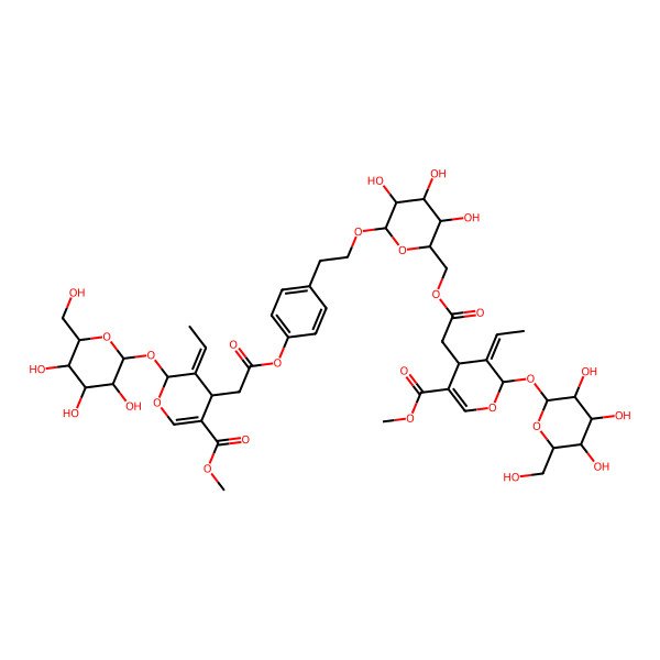 2D Structure of methyl (4S,5E,6S)-5-ethylidene-4-[2-[[(2R,3S,4S,5R,6R)-6-[2-[4-[2-[(2S,3E,4S)-3-ethylidene-5-methoxycarbonyl-2-[(2S,3R,4S,5S,6R)-3,4,5-trihydroxy-6-(hydroxymethyl)oxan-2-yl]oxy-4H-pyran-4-yl]acetyl]oxyphenyl]ethoxy]-3,4,5-trihydroxyoxan-2-yl]methoxy]-2-oxoethyl]-6-[(2S,3R,4S,5S,6R)-3,4,5-trihydroxy-6-(hydroxymethyl)oxan-2-yl]oxy-4H-pyran-3-carboxylate