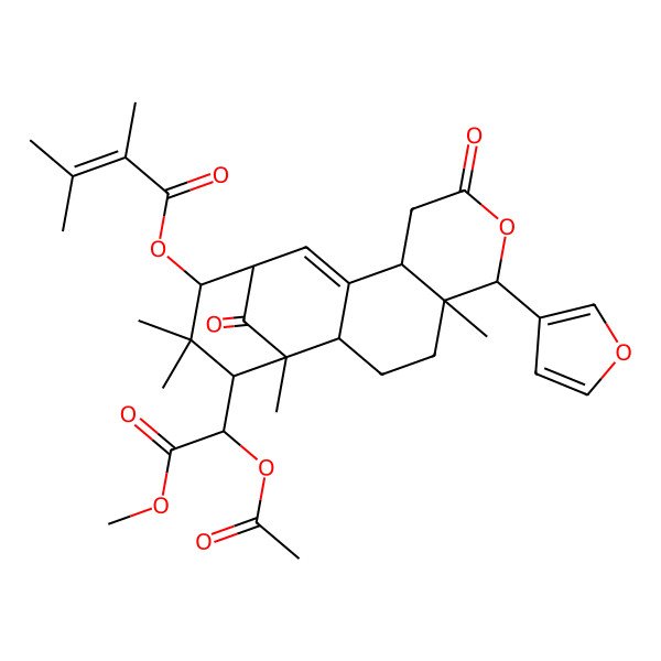 2D Structure of [16-(1-Acetyloxy-2-methoxy-2-oxoethyl)-6-(furan-3-yl)-1,5,15,15-tetramethyl-8,17-dioxo-7-oxatetracyclo[11.3.1.02,11.05,10]heptadec-11-en-14-yl] 2,3-dimethylbut-2-enoate