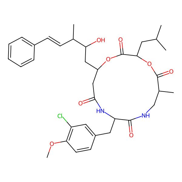 2D Structure of 10-[(3-Chloro-4-methoxyphenyl)methyl]-14-(2-hydroxy-3-methyl-5-phenylpent-4-enyl)-6-methyl-3-(2-methylpropyl)-1,4-dioxa-8,11-diazacyclotetradecane-2,5,9,12-tetrone