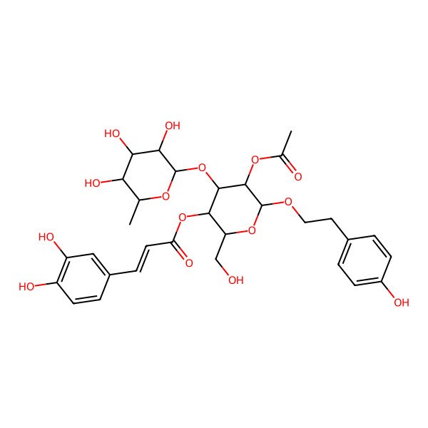 2D Structure of [5-Acetyloxy-2-(hydroxymethyl)-6-[2-(4-hydroxyphenyl)ethoxy]-4-(3,4,5-trihydroxy-6-methyloxan-2-yl)oxyoxan-3-yl] 3-(3,4-dihydroxyphenyl)prop-2-enoate