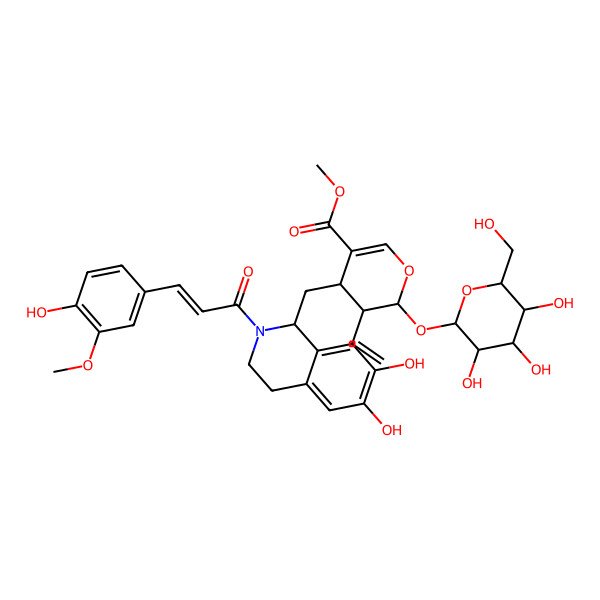2D Structure of methyl 4-[[6,7-dihydroxy-2-[3-(4-hydroxy-3-methoxyphenyl)prop-2-enoyl]-3,4-dihydro-1H-isoquinolin-1-yl]methyl]-3-ethenyl-2-[3,4,5-trihydroxy-6-(hydroxymethyl)oxan-2-yl]oxy-3,4-dihydro-2H-pyran-5-carboxylate