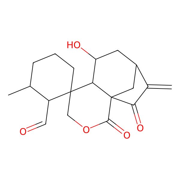 2D Structure of (1S,1'R,5R,6S,6'S,7R,9S)-7-hydroxy-6'-methyl-10-methylidene-2,11-dioxospiro[3-oxatricyclo[7.2.1.01,6]dodecane-5,2'-cyclohexane]-1'-carbaldehyde