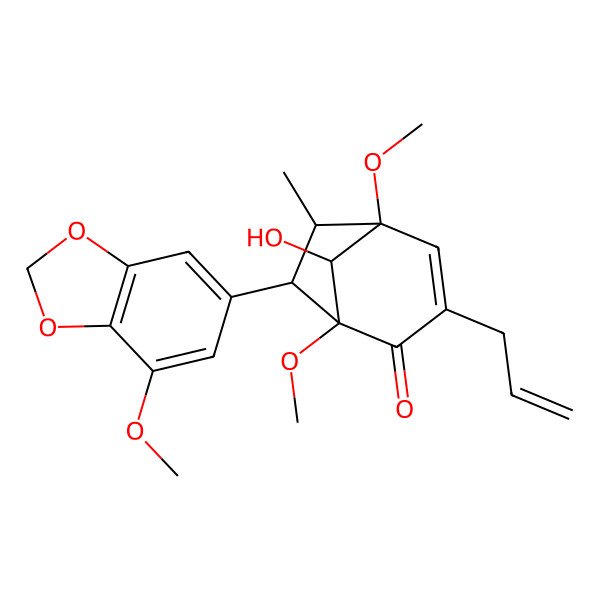 2D Structure of (1R,5R,6S,7R,8S)-8-hydroxy-1,5-dimethoxy-7-(7-methoxy-1,3-benzodioxol-5-yl)-6-methyl-3-prop-2-enylbicyclo[3.2.1]oct-3-en-2-one