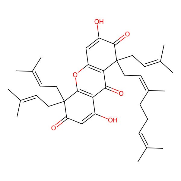 2D Structure of (1R)-1-[(2E)-3,7-dimethylocta-2,6-dienyl]-3,8-dihydroxy-1,5,5-tris(3-methylbut-2-enyl)xanthene-2,6,9-trione