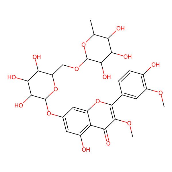 2D Structure of 5-hydroxy-2-(4-hydroxy-3-methoxyphenyl)-3-methoxy-7-[(2S,3S,4S,5R,6S)-3,4,5-trihydroxy-6-[[(2R,3S,4R,5R,6S)-3,4,5-trihydroxy-6-methyloxan-2-yl]oxymethyl]oxan-2-yl]oxychromen-4-one