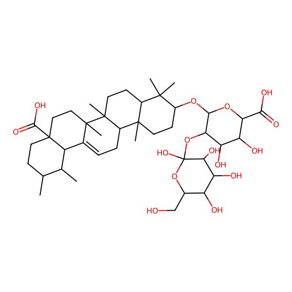 2D Structure of 6-[[(3S,4aR,6aR,6bS,8aS,11R,12S,12aS,14aR,14bR)-8a-carboxy-4,4,6a,6b,11,12,14b-heptamethyl-2,3,4a,5,6,7,8,9,10,11,12,12a,14,14a-tetradecahydro-1H-picen-3-yl]oxy]-3,4-dihydroxy-5-[(2R,3S,5R)-2,3,4,5-tetrahydroxy-6-(hydroxymethyl)oxan-2-yl]oxyoxane-2-carboxylic acid