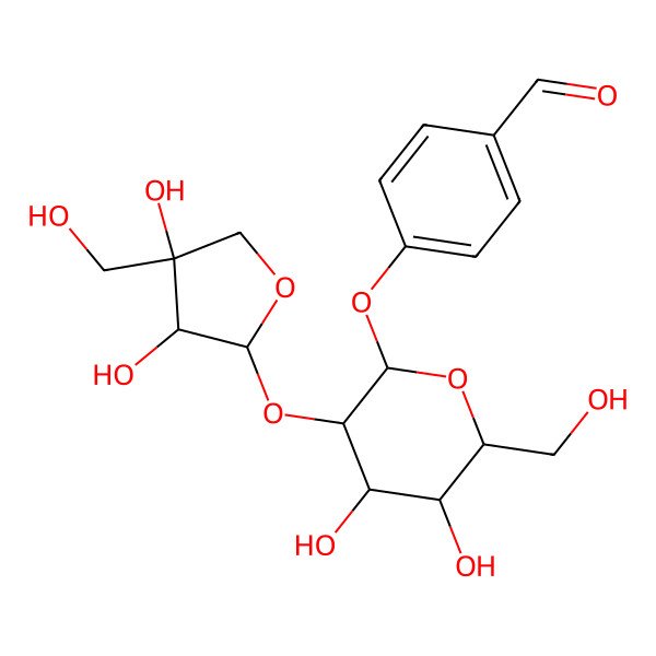 2D Structure of 4-[(2S,3R,4S,5S,6R)-3-[(2S,3S,4S)-3,4-dihydroxy-4-(hydroxymethyl)oxolan-2-yl]oxy-4,5-dihydroxy-6-(hydroxymethyl)oxan-2-yl]oxybenzaldehyde