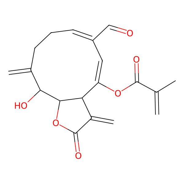 2D Structure of (6-formyl-11-hydroxy-3,10-dimethylidene-2-oxo-8,9,11,11a-tetrahydro-3aH-cyclodeca[b]furan-4-yl) 2-methylprop-2-enoate