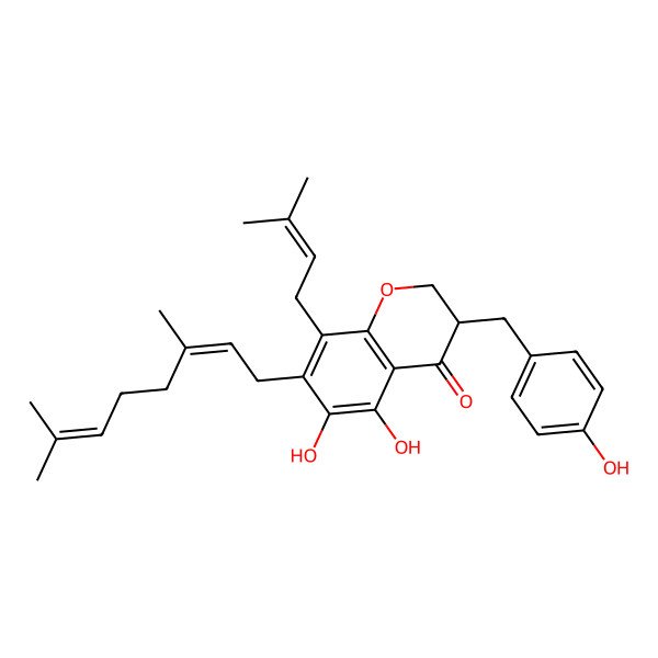 2D Structure of (3R)-7-[(2E)-3,7-dimethylocta-2,6-dienyl]-5,6-dihydroxy-3-[(4-hydroxyphenyl)methyl]-8-(3-methylbut-2-enyl)-2,3-dihydrochromen-4-one