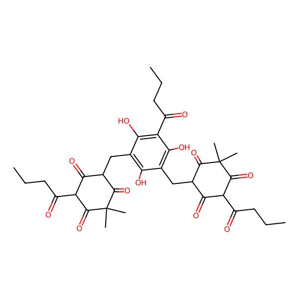 2D Structure of (4S,6R)-4-butanoyl-6-[[3-butanoyl-5-[[(1R,5S)-5-butanoyl-3,3-dimethyl-2,4,6-trioxocyclohexyl]methyl]-2,4,6-trihydroxyphenyl]methyl]-2,2-dimethylcyclohexane-1,3,5-trione