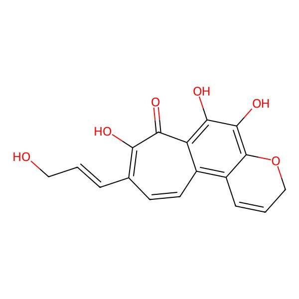 2D Structure of 5,6,8-trihydroxy-9-(3-hydroxyprop-1-enyl)-3H-cyclohepta[f]chromen-7-one