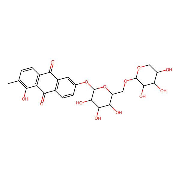 2D Structure of 1-hydroxy-2-methyl-6-[(2S,3R,4S,5S,6R)-3,4,5-trihydroxy-6-[[(2S,3R,4S,5R)-3,4,5-trihydroxyoxan-2-yl]oxymethyl]oxan-2-yl]oxyanthracene-9,10-dione