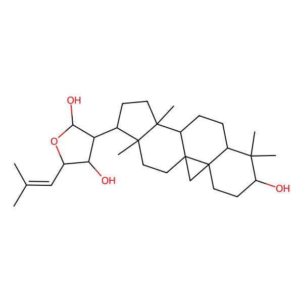 2D Structure of (2S,3S,4S,5S)-3-[(1S,3R,6S,8R,11S,12S,15R,16R)-6-hydroxy-7,7,12,16-tetramethyl-15-pentacyclo[9.7.0.01,3.03,8.012,16]octadecanyl]-5-(2-methylprop-1-enyl)oxolane-2,4-diol