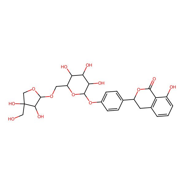 2D Structure of (3S)-3-[4-[(2S,3R,4S,5S,6R)-6-[[(2R,3R,4R)-3,4-dihydroxy-4-(hydroxymethyl)oxolan-2-yl]oxymethyl]-3,4,5-trihydroxyoxan-2-yl]oxyphenyl]-8-hydroxy-3,4-dihydroisochromen-1-one