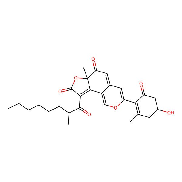2D Structure of 3-(4-Hydroxy-2-methyl-6-oxocyclohexen-1-yl)-6a-methyl-9-(2-methyloctanoyl)furo[2,3-h]isochromene-6,8-dione