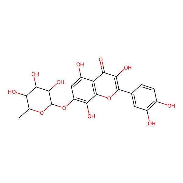 2D Structure of 2-(3,4-dihydroxyphenyl)-3,5,8-trihydroxy-7-[(2R,3R,4R,5R,6S)-3,4,5-trihydroxy-6-methyloxan-2-yl]oxychromen-4-one