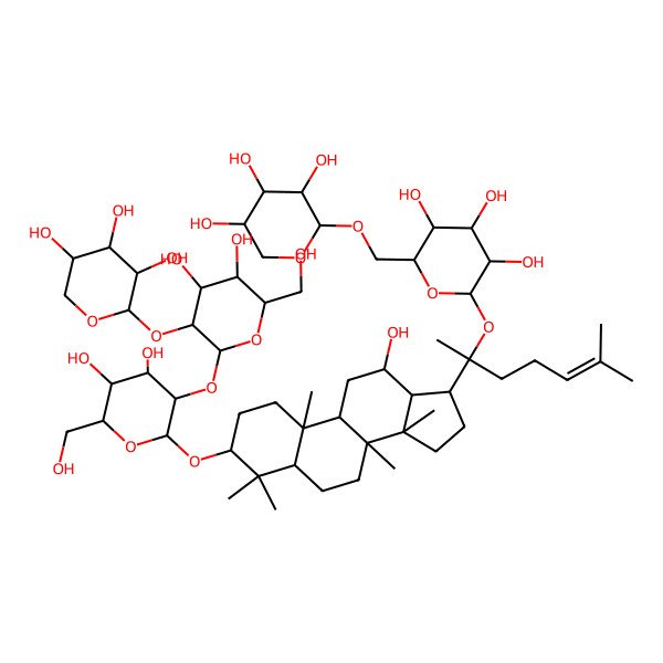2D Structure of (2S,3R,4S,5S,6R)-2-[(2S)-2-[(3S,5S,8R,9R,10R,12R,13R,14R,17S)-3-[(2R,3R,4R,5R,6R)-3-[(2S,3R,4S,5S,6R)-4,5-dihydroxy-6-(hydroxymethyl)-3-[(2S,3R,4S,5R)-3,4,5-trihydroxyoxan-2-yl]oxyoxan-2-yl]oxy-4,5-dihydroxy-6-(hydroxymethyl)oxan-2-yl]oxy-12-hydroxy-4,4,8,10,14-pentamethyl-2,3,5,6,7,9,11,12,13,15,16,17-dodecahydro-1H-cyclopenta[a]phenanthren-17-yl]-6-methylhept-5-en-2-yl]oxy-6-[[(2S,3R,4S,5R)-3,4,5-trihydroxyoxan-2-yl]oxymethyl]oxane-3,4,5-triol