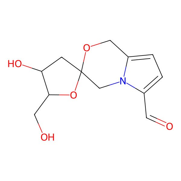 2D Structure of 4'-Hydroxy-5'-(hydroxymethyl)spiro[1,4-dihydropyrrolo[2,1-c][1,4]oxazine-3,2'-oxolane]-6-carbaldehyde