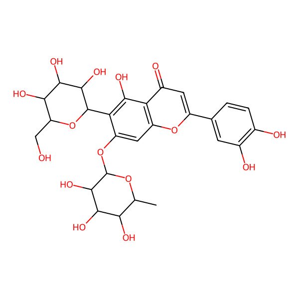 2D Structure of 2-(3,4-dihydroxyphenyl)-5-hydroxy-6-[(2S,3R,4R,5S,6R)-3,4,5-trihydroxy-6-(hydroxymethyl)oxan-2-yl]-7-[(2S,3S,4R,5R,6S)-3,4,5-trihydroxy-6-methyloxan-2-yl]oxychromen-4-one