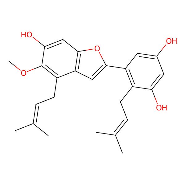 2D Structure of 5-[6-Hydroxy-5-methoxy-4-(3-methylbut-2-enyl)-1-benzofuran-2-yl]-4-(3-methylbut-2-enyl)benzene-1,3-diol