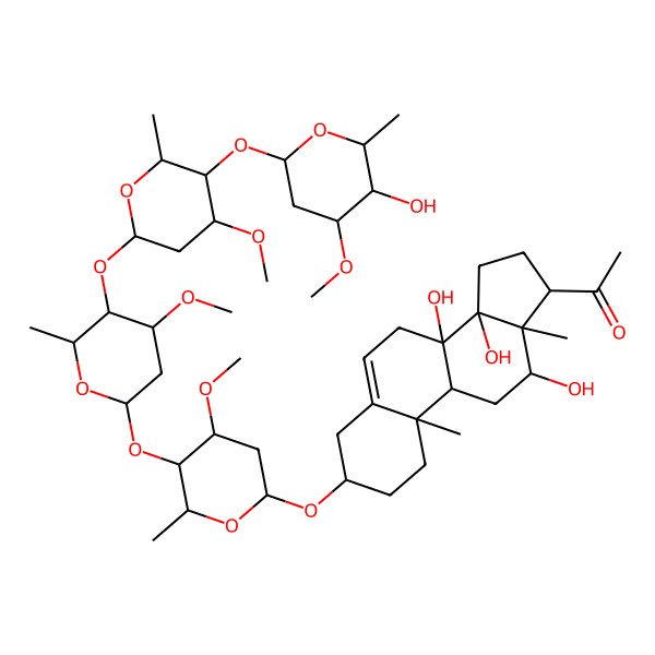 2D Structure of 1-[(3S,8S,9R,10R,12R,13S,14R,17R)-8,12,14-trihydroxy-3-[(2R,4S,5R,6R)-5-[(2S,4S,5R,6R)-5-[(2S,4R,5R,6R)-5-[(2S,4R,5R,6R)-5-hydroxy-4-methoxy-6-methyloxan-2-yl]oxy-4-methoxy-6-methyloxan-2-yl]oxy-4-methoxy-6-methyloxan-2-yl]oxy-4-methoxy-6-methyloxan-2-yl]oxy-10,13-dimethyl-2,3,4,7,9,11,12,15,16,17-decahydro-1H-cyclopenta[a]phenanthren-17-yl]ethanone