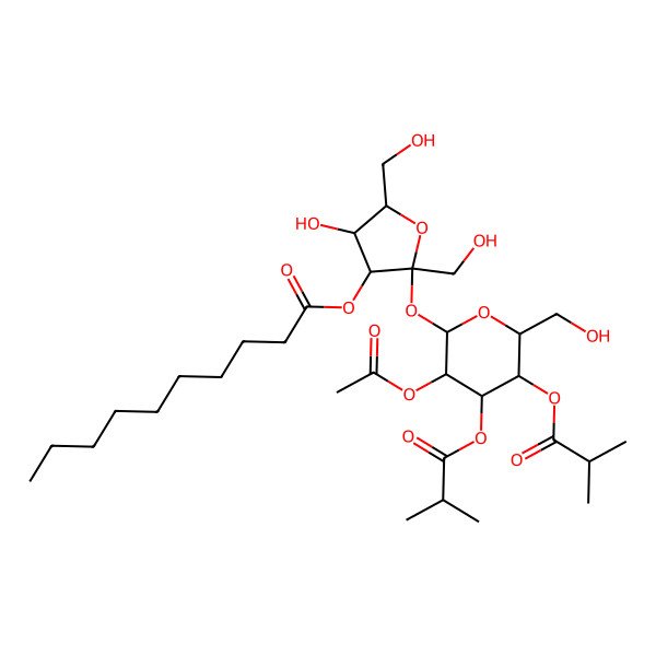 2D Structure of [2-[3-Acetyloxy-6-(hydroxymethyl)-4,5-bis(2-methylpropanoyloxy)oxan-2-yl]oxy-4-hydroxy-2,5-bis(hydroxymethyl)oxolan-3-yl] decanoate