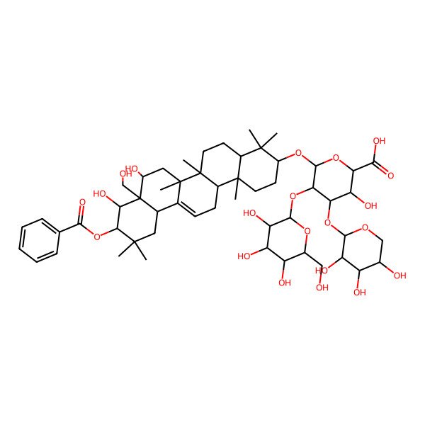 2D Structure of 6-[[10-Benzoyloxy-8,9-dihydroxy-8a-(hydroxymethyl)-4,4,6a,6b,11,11,14b-heptamethyl-1,2,3,4a,5,6,7,8,9,10,12,12a,14,14a-tetradecahydropicen-3-yl]oxy]-3-hydroxy-5-[3,4,5-trihydroxy-6-(hydroxymethyl)oxan-2-yl]oxy-4-(3,4,5-trihydroxyoxan-2-yl)oxyoxane-2-carboxylic acid