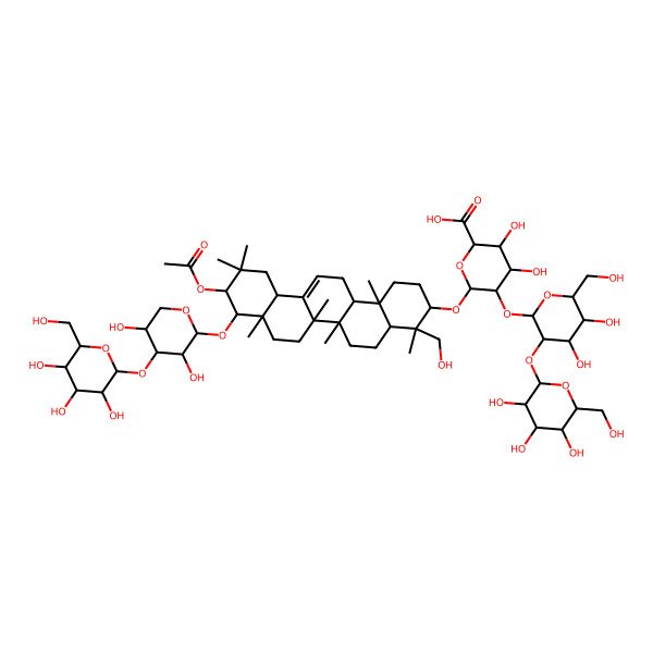 2D Structure of (2S,3S,4S,5R,6R)-6-[[(3S,4S,4aR,6aR,6bS,8aR,9S,10R,12aS,14aR,14bR)-10-acetyloxy-9-[(2S,3R,4S,5S)-3,5-dihydroxy-4-[(2S,3R,4S,5S,6R)-3,4,5-trihydroxy-6-(hydroxymethyl)oxan-2-yl]oxyoxan-2-yl]oxy-4-(hydroxymethyl)-4,6a,6b,8a,11,11,14b-heptamethyl-1,2,3,4a,5,6,7,8,9,10,12,12a,14,14a-tetradecahydropicen-3-yl]oxy]-5-[(2S,3R,4S,5R,6R)-4,5-dihydroxy-6-(hydroxymethyl)-3-[(2S,3R,4S,5S,6R)-3,4,5-trihydroxy-6-(hydroxymethyl)oxan-2-yl]oxyoxan-2-yl]oxy-3,4-dihydroxyoxane-2-carboxylic acid