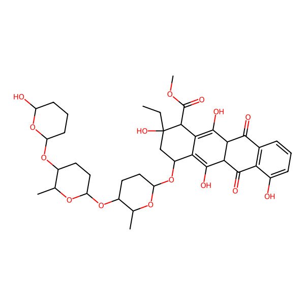 2D Structure of methyl (2R)-2-ethyl-2,5,7,12-tetrahydroxy-4-[5-[5-(6-hydroxyoxan-2-yl)oxy-6-methyloxan-2-yl]oxy-6-methyloxan-2-yl]oxy-6,11-dioxo-3,4,5a,11a-tetrahydro-1H-tetracene-1-carboxylate