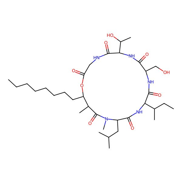 2D Structure of 6-((1R)-1-Methylpropyl)-12-((1S)-1-hydroxyethyl)(3S,6S,9R,12R,18R,19R)-9-(hydroxymethyl)-2,19-dimethyl-3-(2-methylpropyl)-18-octyl-17-oxa-2,5,8,11,14-pentaazacyclononadecane-1,4,7,10,13,16-hexaone