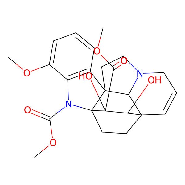 2D Structure of Dimethyl 17,18-dihydroxy-4-methoxy-2,12-diazahexacyclo[14.2.2.19,12.01,9.03,8.016,21]henicosa-3(8),4,6,14-tetraene-2,18-dicarboxylate