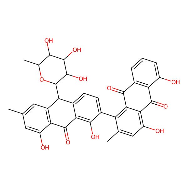2D Structure of 1-[(10S)-1,8-dihydroxy-6-methyl-9-oxo-10-[(2S,3R,4R,5R,6R)-3,4,5-trihydroxy-6-methyloxan-2-yl]-10H-anthracen-2-yl]-4,5-dihydroxy-2-methylanthracene-9,10-dione
