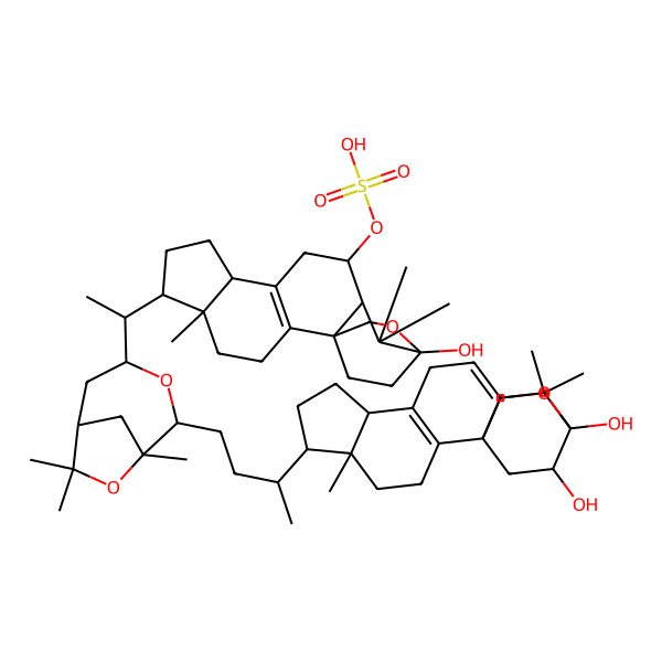 2D Structure of [(1R,5R,6R,9R,12S,13R,15S)-6-[(1S)-1-[(1R,2S,4R,6R)-2-[(3R)-3-[(1S,5R,6R,9R,15R,19S)-15,19-dihydroxy-5,14,14-trimethyl-16-oxapentacyclo[13.2.2.01,13.02,10.05,9]nonadeca-2(10),12-dien-6-yl]butyl]-1,7,7-trimethyl-3,8-dioxabicyclo[4.2.1]nonan-4-yl]ethyl]-15-hydroxy-5,14,14-trimethyl-16-oxapentacyclo[13.2.2.01,13.02,10.05,9]nonadec-2(10)-en-12-yl] hydrogen sulfate