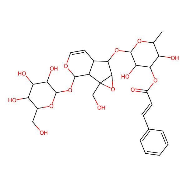 2D Structure of [(2S,3S,4R,5S,6S)-3,5-dihydroxy-2-[[(1S,2S,4S,5S,6R,10S)-2-(hydroxymethyl)-10-[(2S,3R,4S,5S,6R)-3,4,5-trihydroxy-6-(hydroxymethyl)oxan-2-yl]oxy-3,9-dioxatricyclo[4.4.0.02,4]dec-7-en-5-yl]oxy]-6-methyloxan-4-yl] (Z)-3-phenylprop-2-enoate