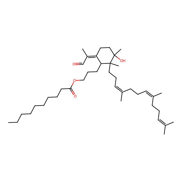 2D Structure of 3-[3-Hydroxy-2,3-dimethyl-6-(1-oxopropan-2-ylidene)-2-(4,8,12-trimethyltrideca-3,7,11-trienyl)cyclohexyl]propyl decanoate