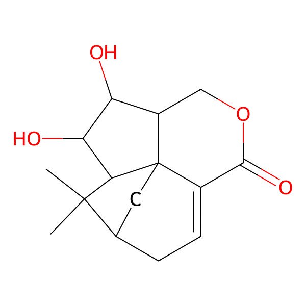 2D Structure of (1R,8R,9R,10S,11S,12S)-9,10-dihydroxy-14,14-dimethyl-6-oxatetracyclo[9.2.1.04,12.08,12]tetradec-3-en-5-one