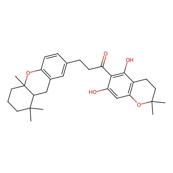 2D Structure of 3-(8,8,10a-trimethyl-6,7,8a,9-tetrahydro-5H-xanthen-2-yl)-1-(5,7-dihydroxy-2,2-dimethyl-3,4-dihydrochromen-6-yl)propan-1-one