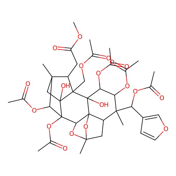 2D Structure of methyl 2-[(1S,2S,3R,5S,7R,8R,9R,10R,11R,12S,13S,14R,16R,17S)-1,9,10,17-tetraacetyloxy-8-[(S)-acetyloxy(furan-3-yl)methyl]-12-(acetyloxymethyl)-11,16-dihydroxy-5,8,14-trimethyl-4,18-dioxahexacyclo[12.2.1.12,5.03,7.03,11.012,16]octadecan-13-yl]acetate