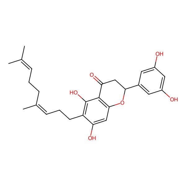 2D Structure of (2S)-2-(3,5-dihydroxyphenyl)-6-[(3E)-4,8-dimethylnona-3,7-dienyl]-5,7-dihydroxy-2,3-dihydrochromen-4-one